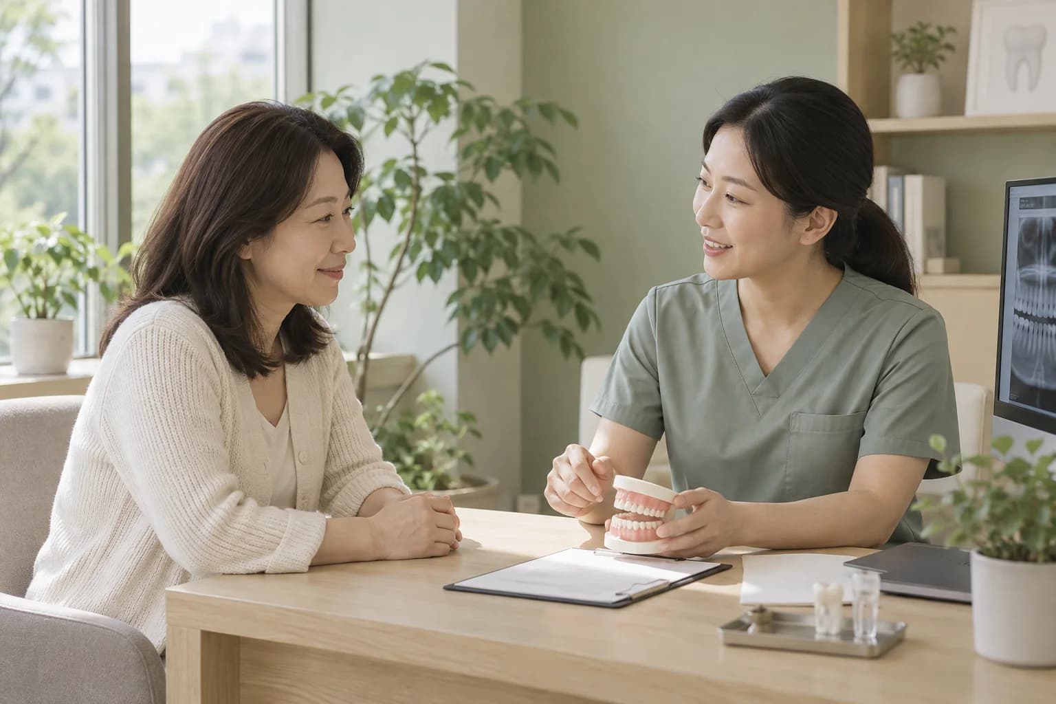치아 모형을 보며 설명을 듣고 상담하는 가상의 장면